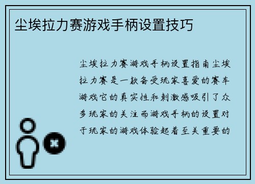 尘埃拉力赛游戏手柄设置技巧