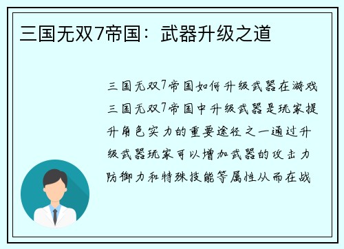 三国无双7帝国：武器升级之道